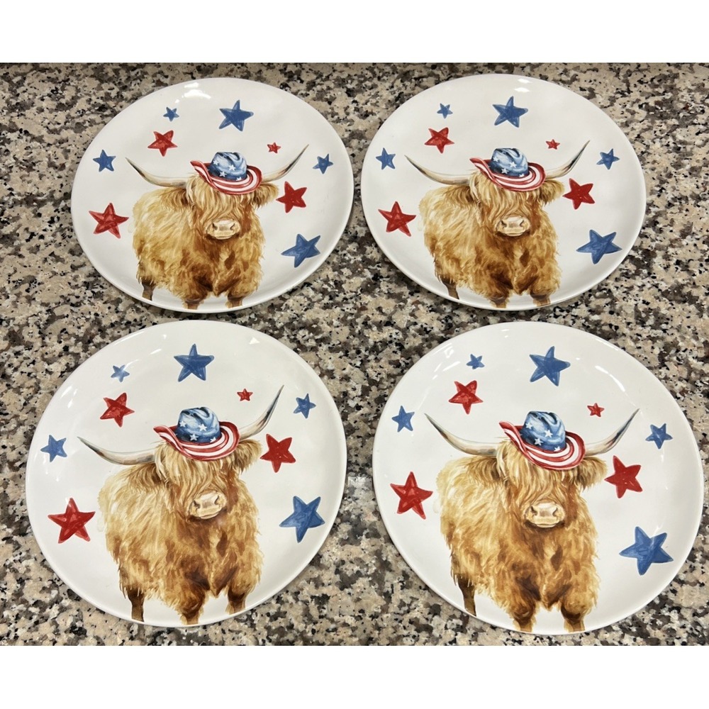Set Of 4 Hobby Lobby Patriotic Highland Cows Plates Cowboy Hat Ceramic